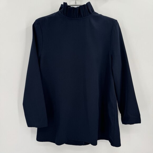 Tuckernuck Navy Blue Faye Blouse sz S Small Swing Top Ruffle Collar Bow Tie - Picture 2 of 7